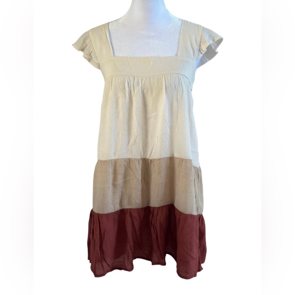 MINE Color Block Tiered Flutter Sleeve Dress